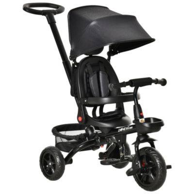 Qaba Baby Tricycle 4 In 1 Stroller w/ Reversible Angle Adjustable Seat Removable Handle Canopy Handrail Belt Storage Footrest Brake Clutch for 1-5 Years Old Black