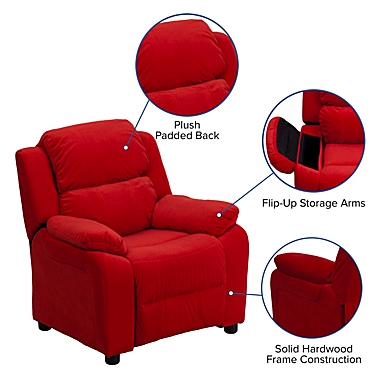 Flash Furniture Deluxe Padded Contemporary Red Microfiber Kids Recliner With Storage Arms - Red Microfiber. View a larger version of this product image.