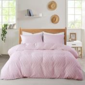 Unikome 3-Piece Soft Solid Clipped Jacquard Duvet Cover Set in Pink, Wave Quilted, Full/Queen