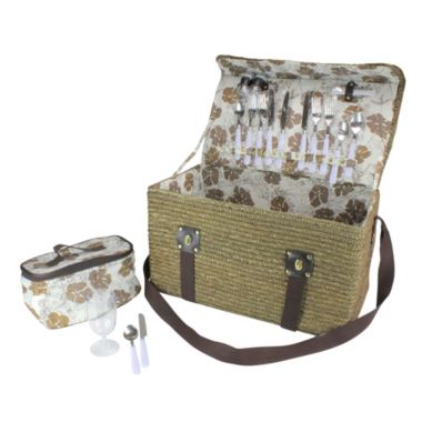 Northlight 20.5" Gold Handwoven 4-Person Picnic Basket Set with Accessories. View a larger version of this product image.