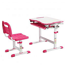 Costway Kids Height Adjustable Desk and Chair Set with Tilted Tabletop and Drawer-Pink