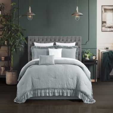 Chic Home Kensley Comforter Set Washed Crinkle Ruffled Flange Border Design Bedding Grey, Queen. View a larger version of this product image.