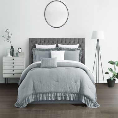 Chic Home Kensley Comforter Set Washed Crinkle Ruffled Flange Border Design Bedding Grey, Queen. View a larger version of this product image.
