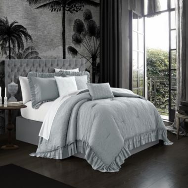 Chic Home Kensley Comforter Set Washed Crinkle Ruffled Flange Border Design Bedding Grey, Queen. View a larger version of this product image.