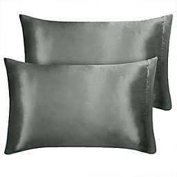 PiccoCasa Satin Pillowcases Standard Set of 2, Luxury Silky Solid Pillow Covers for Hair and Skin, Grey Pillowcase with Envelop Closure Queen(20