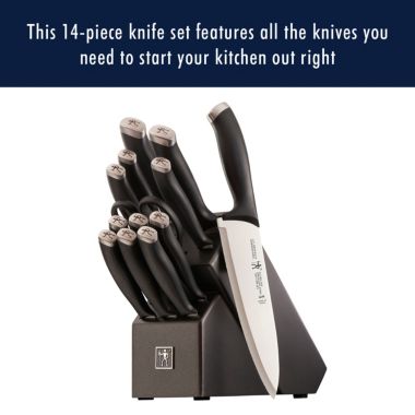 Henckels Silvercap 14 Piece Knife Set with Block, Chef Knife, Paring Knife, Utility Knife, Bread Knife, Steak Knife, Black, Stainless Steel. View a larger version of this product image.