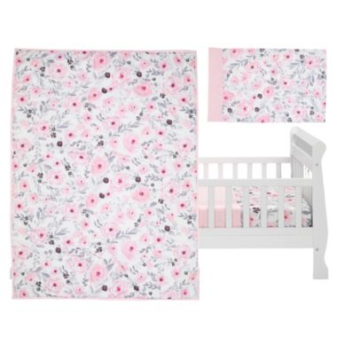 Bedtime Originals Blossom 4-Piece Pink/Gray Watercolor Floral Toddler Bedding Set. View a larger version of this product image.