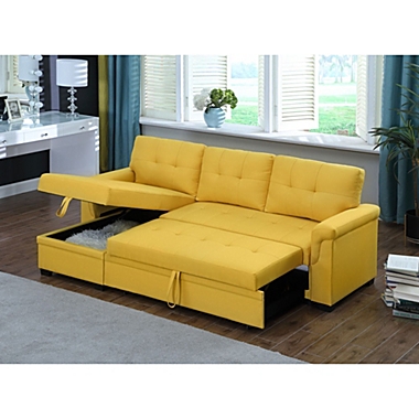 Contemporary Home Living 84" Yellow L Shaped Reversible Sleeper Sectional Sofa with Storage Chaise. View a larger version of this product image.