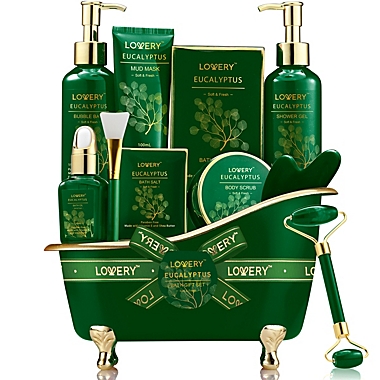 Luxury Holiday Basket, Eucalyptus Stress Relief Spa Kit, Bath and Body Care. View a larger version of this product image.