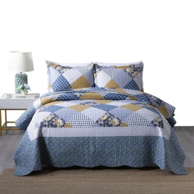 3 Piece Quilted Bedspread Bed Throw Double Size Quilted Bedding Set YJ13 BLUE 