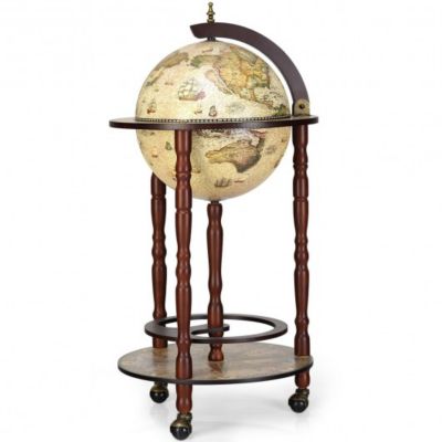 Costway 17 Inch Italian Style Design Wooden Globe Liquor Bottle Wine Rack with Wheels