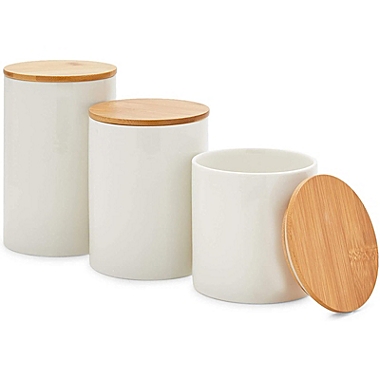 Juvale White Ceramic Kitchen Canisters with Bamboo Lids (3 Sizes, 3 Pack). View a larger version of this product image.
