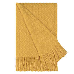 PiccoCasa 100% Acrylic Knit Throw Blanket Wave Pattern Soft Rectangle Lightweight Decors Knitted Blanket with Tassels Fringe for Couch, Bed, Sofa, Travel, 50x60 Inch, Ginger
