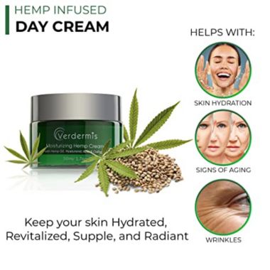 Verdermis Moisturizing Hemp Cream with Hemp Oil, Hyaluronic Acid, Collagen, Omega 3,6 Vitamins, and Peptides. For Optimal Hydration Day and Night 24/7. View a larger version of this product image.
