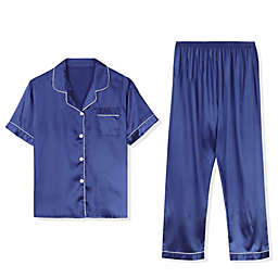 TATT 21 Men's Classic Satin Short Sleeves Button Down Pajama Sets S Blue