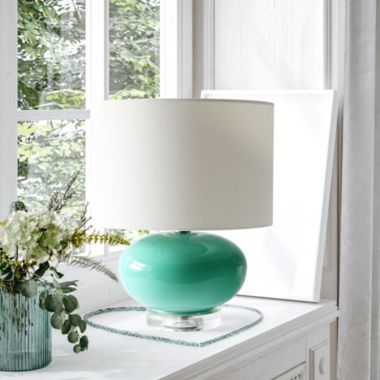 Lalia Home 15.25" Modern Ovaloid Glass Bedside Table Lamp With White Fabric Shade, Aqua. View a larger version of this product image.