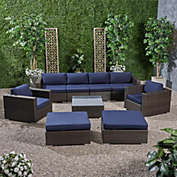 Contemporary Home Living 9-Piece Blue and Brown Outdoor Patio Sectional Sofa with Coffee Table Set 33.5"
