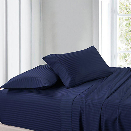 Navy Striped Queen Size 4 Pc Sheet Set 1000 Thread Count 100% Egyptian Cotton 