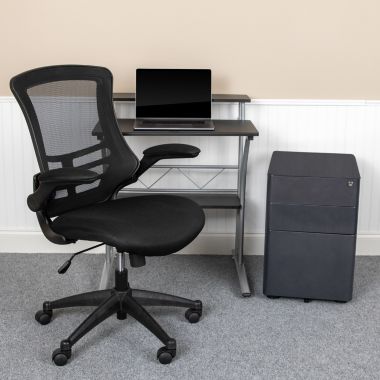 Flash Furniture Calder Work From Home Kit - Black Computer Desk, Ergonomic Mesh Office Chair and Locking Mobile Filing Cabinet with Side Handles. View a larger version of this product image.