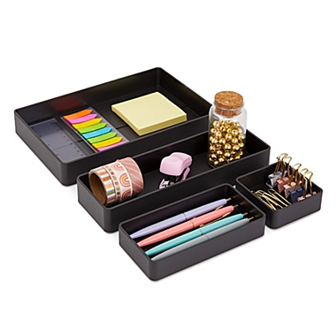 Stockroom Plus 4 Pieces Plastic Desk Tray Organizer Set for Desktop and Drawer, Assorted Sizes (Black). View a larger version of this product image.