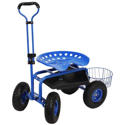 Sunnydaze Outdoor Lawn and Garden Heavy-Duty Steel Rolling Gardening Cart with Extendable Steer Handle, Swivel Chair, Tool Tray, and Basket - Blue