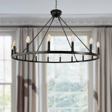 Canyon Home Ancora 16 Light Chandelier Wagon Wheel (43" Wide) Matte Black Steel Frame   Large Home Decoration   Foyer, Entryway, Dining Room. View a larger version of this product image.