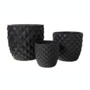 Urban Trends Collection Ceramic Round Pot with Embossed Diamond Pattern Design Body Set of Three Matte Finish Black
