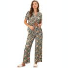 Alternate image 0 for cheibear Women's Pajama Loungewear Silk Short Sleeves with Pants Floral Satin Collared Elastic Waist Lightweight Sleepwear Pajamas Set X-Large Grey Green
