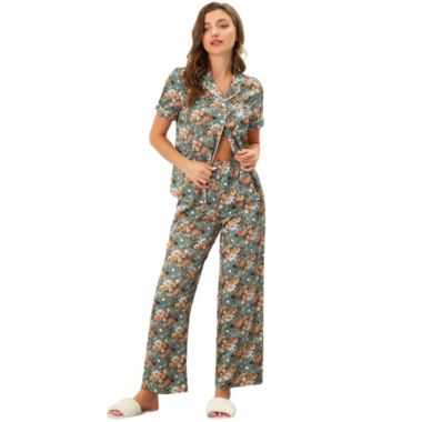 cheibear Women's Pajama Loungewear Silk Short Sleeves with Pants Floral Satin Collared Elastic Waist Lightweight Sleepwear Pajamas Set X-Large Grey Green. View a larger version of this product image.