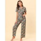 Alternate image 1 for cheibear Women's Pajama Loungewear Silk Short Sleeves with Pants Floral Satin Collared Elastic Waist Lightweight Sleepwear Pajamas Set X-Large Grey Green