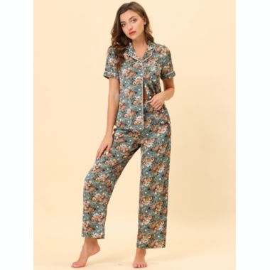 cheibear Women's Pajama Loungewear Silk Short Sleeves with Pants Floral Satin Collared Elastic Waist Lightweight Sleepwear Pajamas Set X-Large Grey Green. View a larger version of this product image.