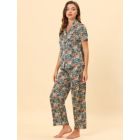 Alternate image 2 for cheibear Women's Pajama Loungewear Silk Short Sleeves with Pants Floral Satin Collared Elastic Waist Lightweight Sleepwear Pajamas Set X-Large Grey Green