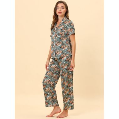cheibear Women's Pajama Loungewear Silk Short Sleeves with Pants Floral Satin Collared Elastic Waist Lightweight Sleepwear Pajamas Set X-Large Grey Green. View a larger version of this product image.