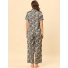 Alternate image 3 for cheibear Women's Pajama Loungewear Silk Short Sleeves with Pants Floral Satin Collared Elastic Waist Lightweight Sleepwear Pajamas Set X-Large Grey Green