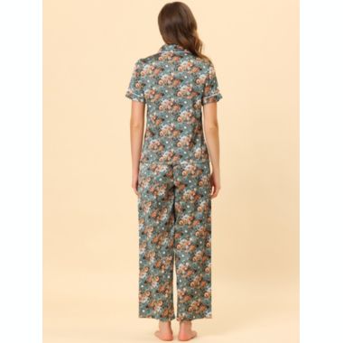 cheibear Women's Pajama Loungewear Silk Short Sleeves with Pants Floral Satin Collared Elastic Waist Lightweight Sleepwear Pajamas Set X-Large Grey Green. View a larger version of this product image.