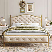 Homfa King Size Bed Frame, Metal Tubular Platform Bed with Button Tufted Upholstered Headboard Beige