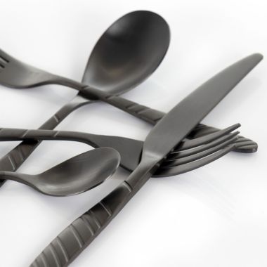 MegaChef La Vague 20 Piece Flatware Utensil Set, Stainless Steel Silverware Metal Service for 4 in Matte Black. View a larger version of this product image.