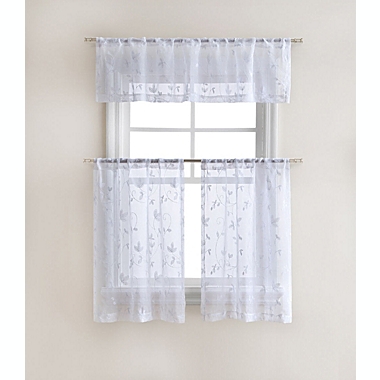 Kate Aurora Floral Embroidered Sheer Rod Pocket Kitchen Curtain Tier & Valance Set - 58 in. W x 15 in. L, White. View a larger version of this product image.