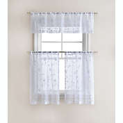 Kate Aurora Floral Embroidered Sheer Rod Pocket Kitchen Curtain Tier & Valance Set - 58 in. W x 15 in. L, White