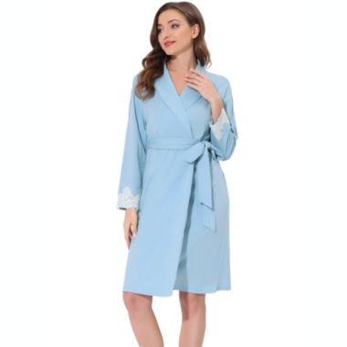 cheibear Women's Valentine's Day Sleepwear, V-Neck with Lace Kimono Robes Sleepwear, Belt Casual Long Knit Bathrobe Ladies Loungewear, X-Small Blue. View a larger version of this product image.