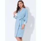 Alternate image 1 for cheibear Women's Valentine's Day Sleepwear, V-Neck with Lace Kimono Robes Sleepwear, Belt Casual Long Knit Bathrobe Ladies Loungewear, X-Small Blue