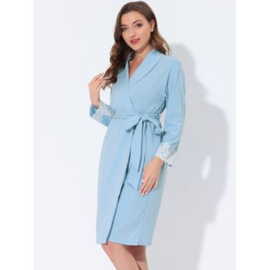 cheibear Women's Valentine's Day Sleepwear, V-Neck with Lace Kimono Robes Sleepwear, Belt Casual Long Knit Bathrobe Ladies Loungewear, X-Small Blue. View a larger version of this product image.