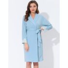 Alternate image 2 for cheibear Women's Valentine's Day Sleepwear, V-Neck with Lace Kimono Robes Sleepwear, Belt Casual Long Knit Bathrobe Ladies Loungewear, X-Small Blue