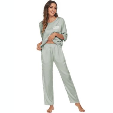 cheibear Womens Satin Sleepwear, 3/4 Sleeves Lounge with Pants Nightwear Pajama Set, Large Green. View a larger version of this product image.