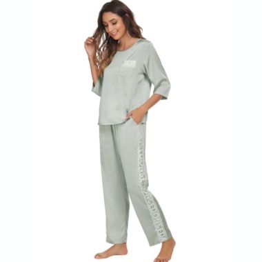 cheibear Womens Satin Sleepwear, 3/4 Sleeves Lounge with Pants Nightwear Pajama Set, Large Green. View a larger version of this product image.