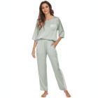 Alternate image 2 for cheibear Womens Satin Sleepwear, 3/4 Sleeves Lounge with Pants Nightwear Pajama Set, Large Green