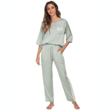 cheibear Womens Satin Sleepwear, 3/4 Sleeves Lounge with Pants Nightwear Pajama Set, Large Green. View a larger version of this product image.
