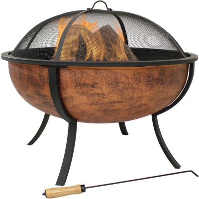 Sunnydaze Outdoor Portable Camping or Backyard Large Round Fire Pit Bowl with Spark Screen, Wood Grate, and Log Poker - 32" - Copper Finish