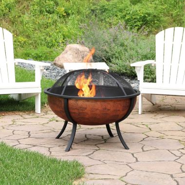 Sunnydaze Outdoor Portable Camping or Backyard Large Round Fire Pit Bowl with Spark Screen, Wood Grate, and Log Poker - 32" - Copper Finish. View a larger version of this product image.