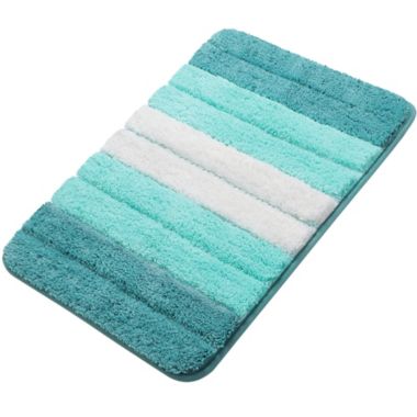 PiccoCasa Microfiber Striped Bathroom Rugs, Rectangle Shaggy Soft Thick and Absorbent Bath Mat, Bath Mats for Bathroom Floor Tub Non Slip, Machine Washable Dry Bath Rug Runner 20" x 31", Turquoise. View a larger version of this product image.
